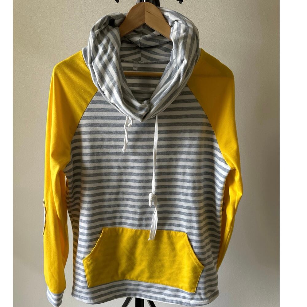 Funnel Neck Sweatshirt Gray Mustard Yellow Stripes Size Large Comfort Casual